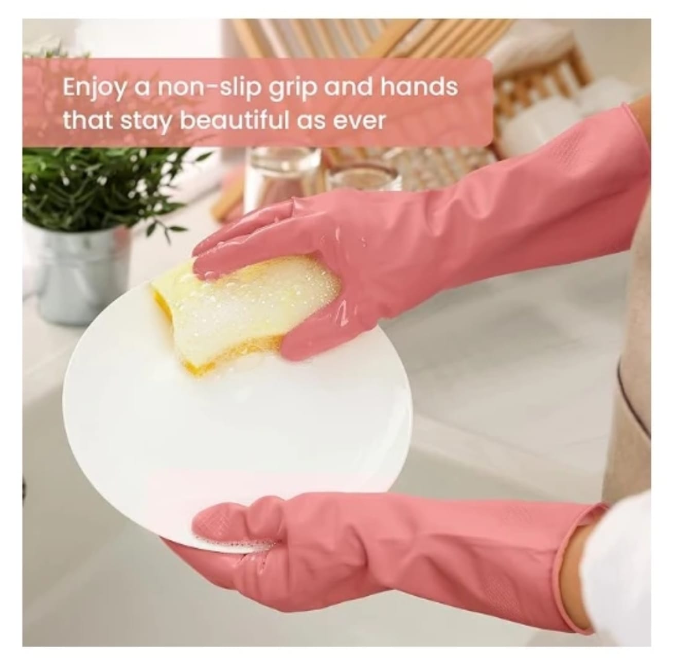 1 Pair Reusable Rubber Latex Household Cleaning Gloves – Flocklined Protective Gloves for Washing, Painting, Gardening, Pet Care, Kitchen Chores and General Household Cleaning Tasks