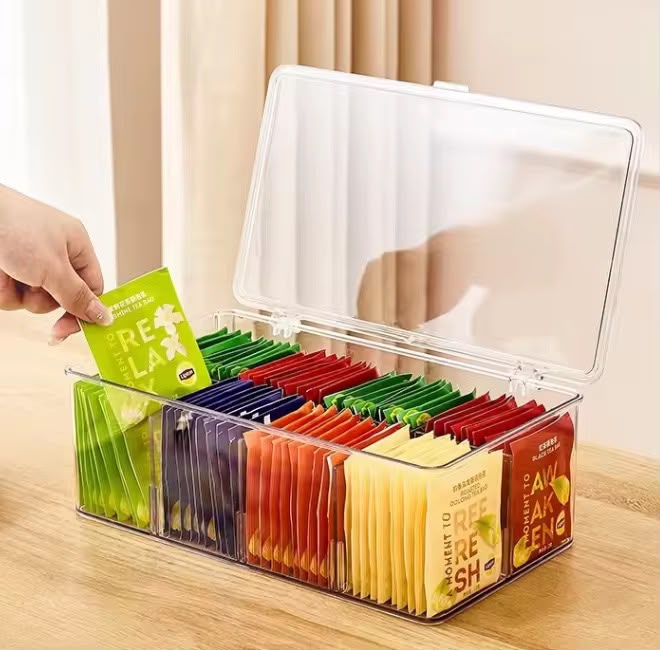 8-Slot Tea Bag & Coffee Organizer Container – Multipurpose Storage Box with Removable Dividers for Tea Bags, Coffee, Sugar Sachets, Sweeteners and Kitchen Countertop Organization