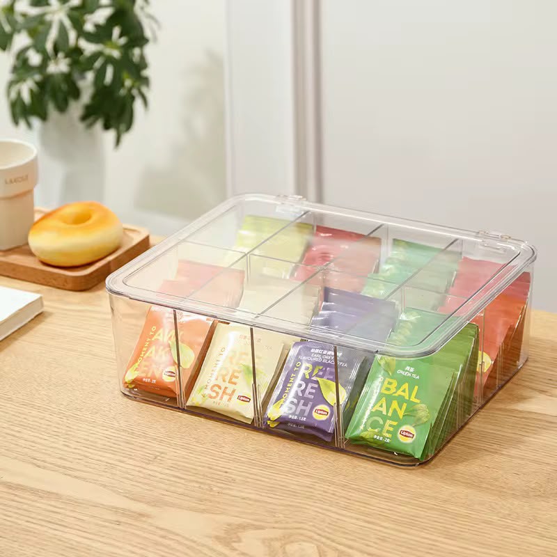8-Slot Tea Bag & Coffee Organizer Container – Multipurpose Storage Box with Removable Dividers for Tea Bags, Coffee, Sugar Sachets, Sweeteners and Kitchen Countertop Organization