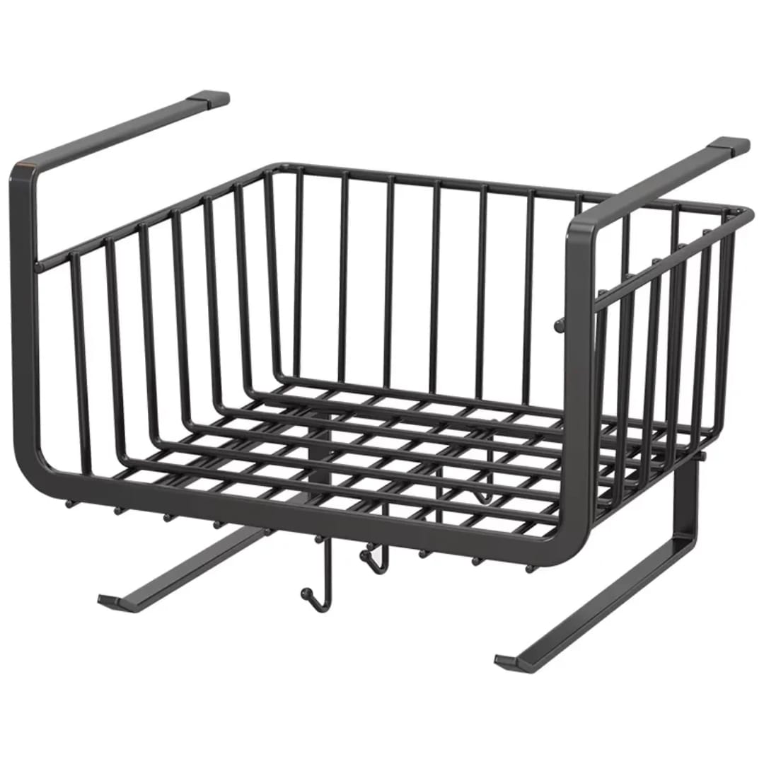 4-in-1 Metallic Under Shelf Rack with Hooks – Space-Saving Hanging Storage Organizer for Kitchen Cabinets, Shelves, Cups, Utensils & Everyday Household Organization
