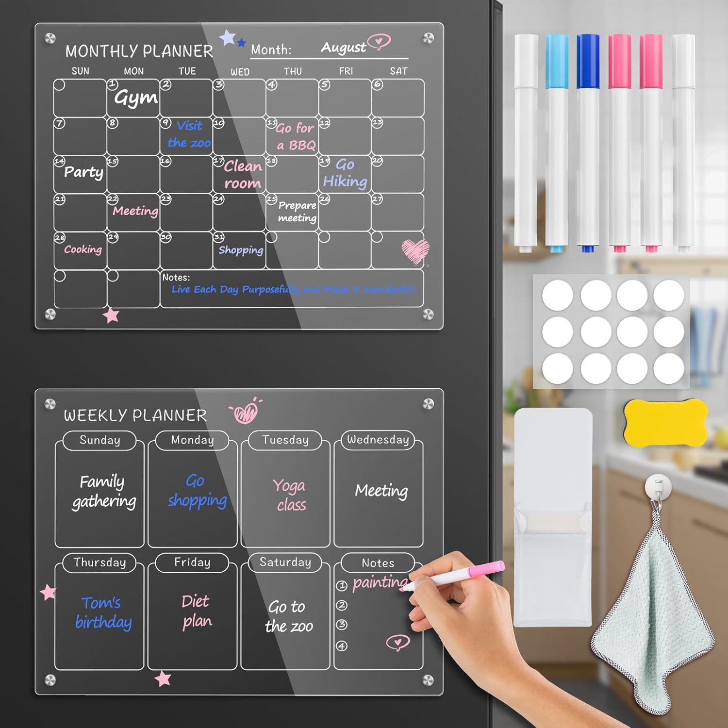 MONTHLY WEEKLY PLANNER SET MAGNETIC CHALKBOARD MONTHLY CALENDAR - WEEKLY PLANNER BLACKBOARD BRIGHT LIQUID CHALK MARKERS