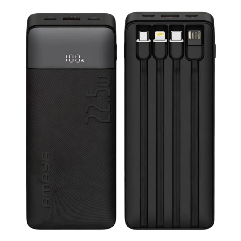Amaya 10000 Power Bank APB-F229 22.5W Super Fast Charging 10000mAh with 4 Built-in Cables Type C Lightning Micro USB Rechargeable Portable Charger Digital LED Display Anti-Scratch Powerbank