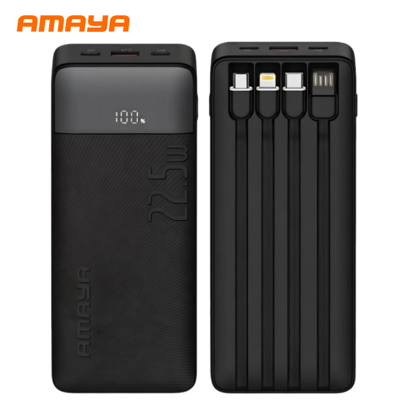 Amaya 10000 Power Bank APB-F229 22.5W Super Fast Charging 10000mAh with 4 Built-in Cables Type C Lightning Micro USB Rechargeable Portable Charger Digital LED Display Anti-Scratch Powerbank