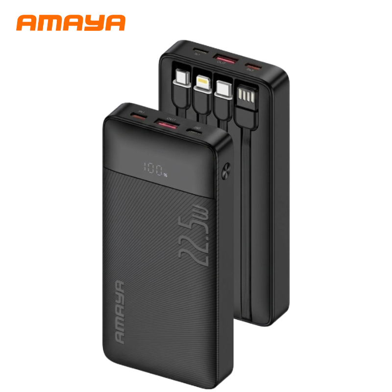 Amaya 10000 Power Bank APB-F229 22.5W Super Fast Charging 10000mAh with 4 Built-in Cables Type C Lightning Micro USB Rechargeable Portable Charger Digital LED Display Anti-Scratch Powerbank