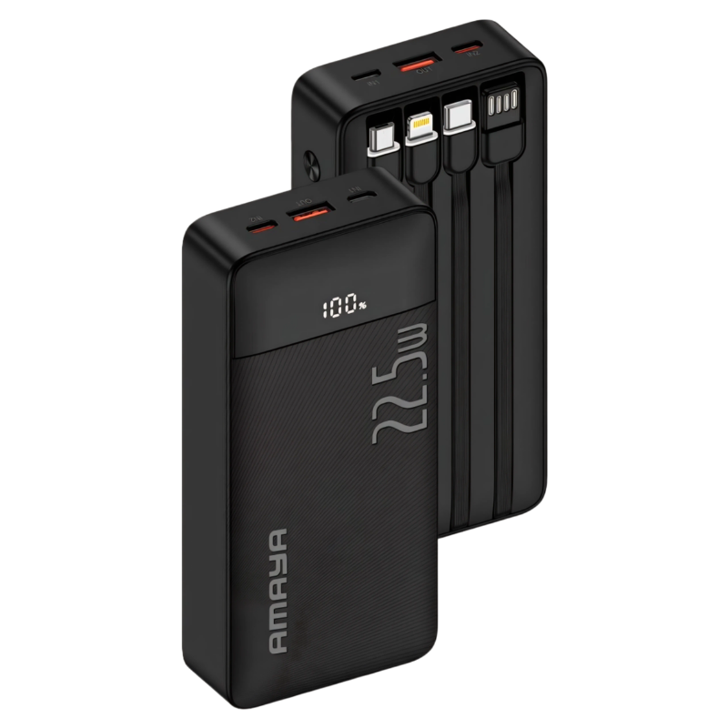 Amaya 10000 Power Bank APB-F229 22.5W Super Fast Charging 10000mAh with 4 Built-in Cables Type C Lightning Micro USB Rechargeable Portable Charger Digital LED Display Anti-Scratch Powerbank