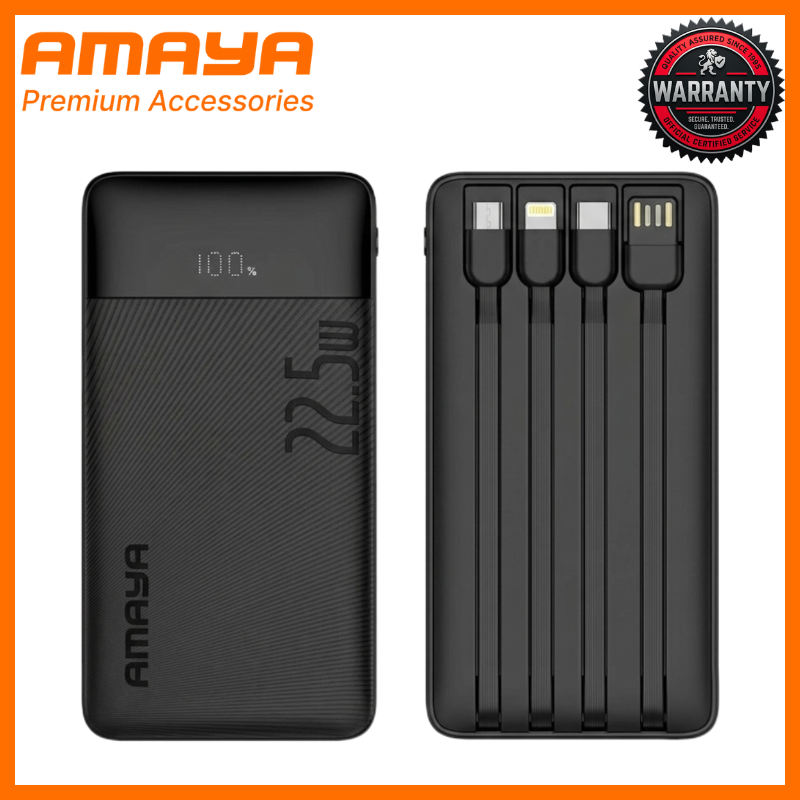 Amaya 10000 Power Bank APB-F229 22.5W Super Fast Charging 10000mAh with 4 Built-in Cables Type C Lightning Micro USB Rechargeable Portable Charger Digital LED Display Anti-Scratch Powerbank