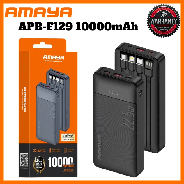 Amaya 10000 Power Bank APB-F229 22.5W Super Fast Charging 10000mAh with 4 Built-in Cables Type C Lightning Micro USB Rechargeable Portable Charger Digital LED Display Anti-Scratch Powerbank
