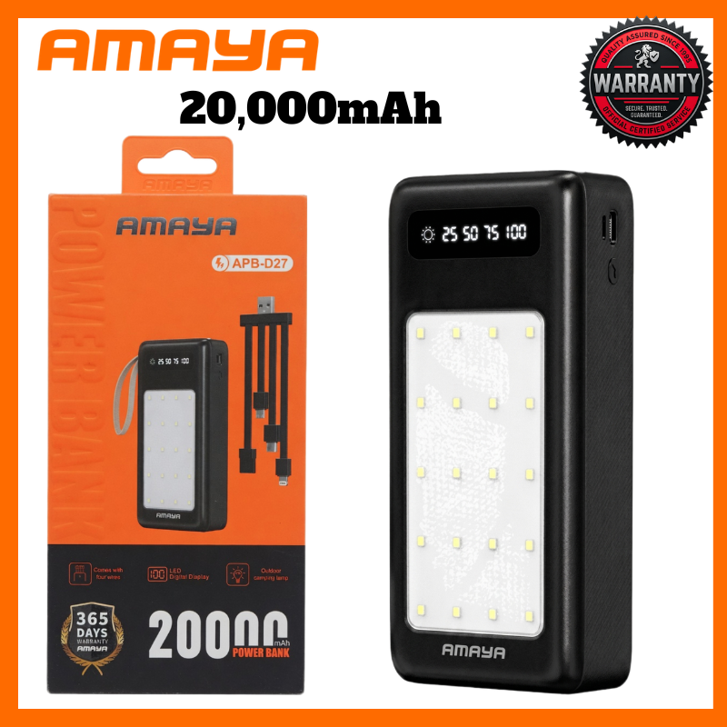 AMAYA 20,000mAh Powerbank with Multi-Cable Design & Smart LED Percentage Indicator, Heavy-Duty Power Bank for Android and iOS Smartphones, Built-in LED Camping Lantern for Emergency Lighting