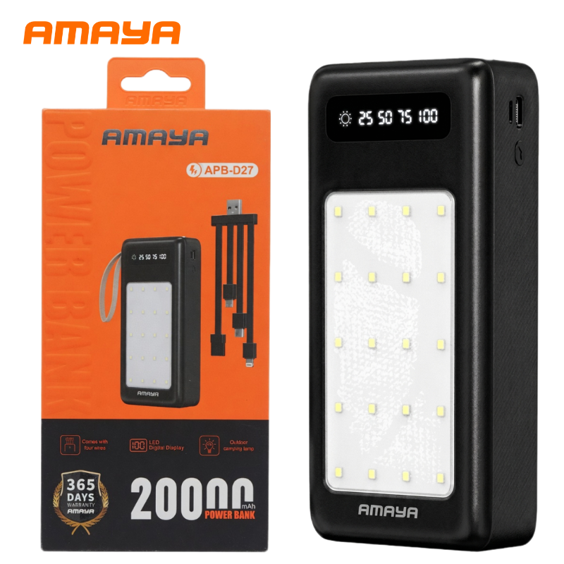 AMAYA 20,000mAh Powerbank with Multi-Cable Design & Smart LED Percentage Indicator, Heavy-Duty Power Bank for Android and iOS Smartphones, Built-in LED Camping Lantern for Emergency Lighting
