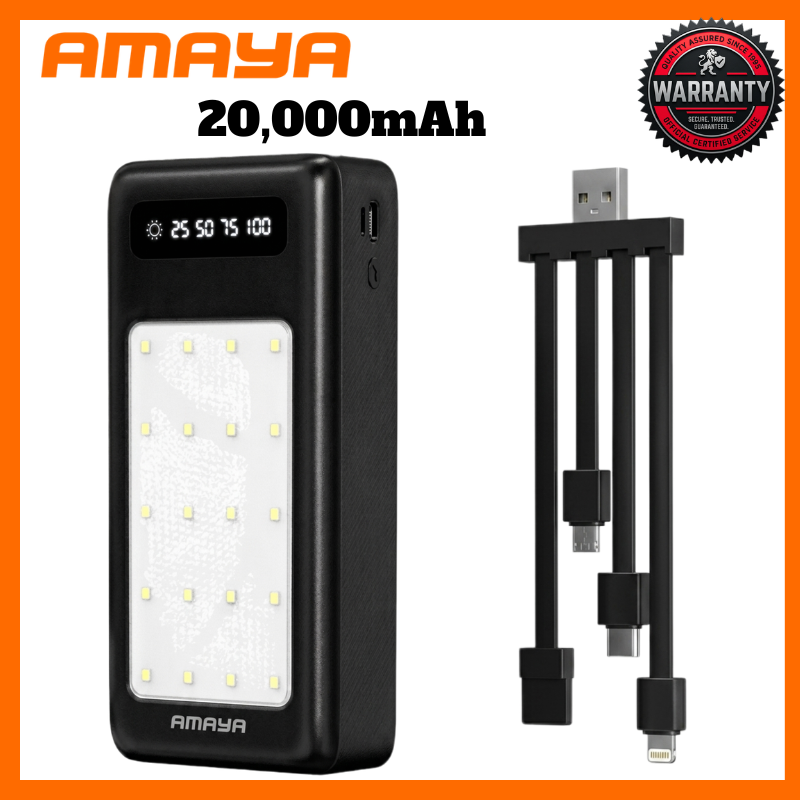 AMAYA 20,000mAh Powerbank with Multi-Cable Design & Smart LED Percentage Indicator, Heavy-Duty Power Bank for Android and iOS Smartphones, Built-in LED Camping Lantern for Emergency Lighting