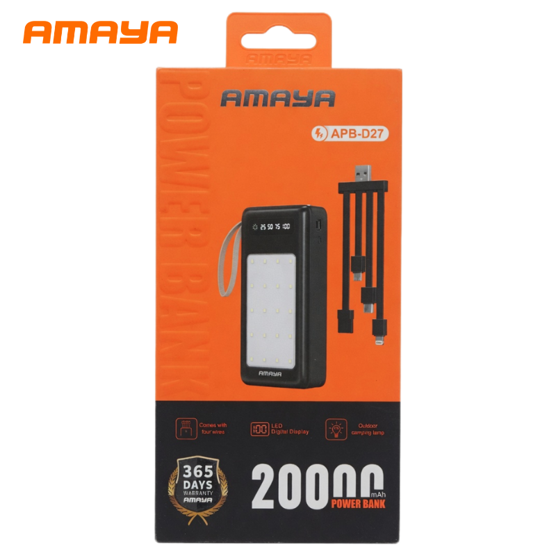 AMAYA 20,000mAh Powerbank with Multi-Cable Design & Smart LED Percentage Indicator, Heavy-Duty Power Bank for Android and iOS Smartphones, Built-in LED Camping Lantern for Emergency Lighting