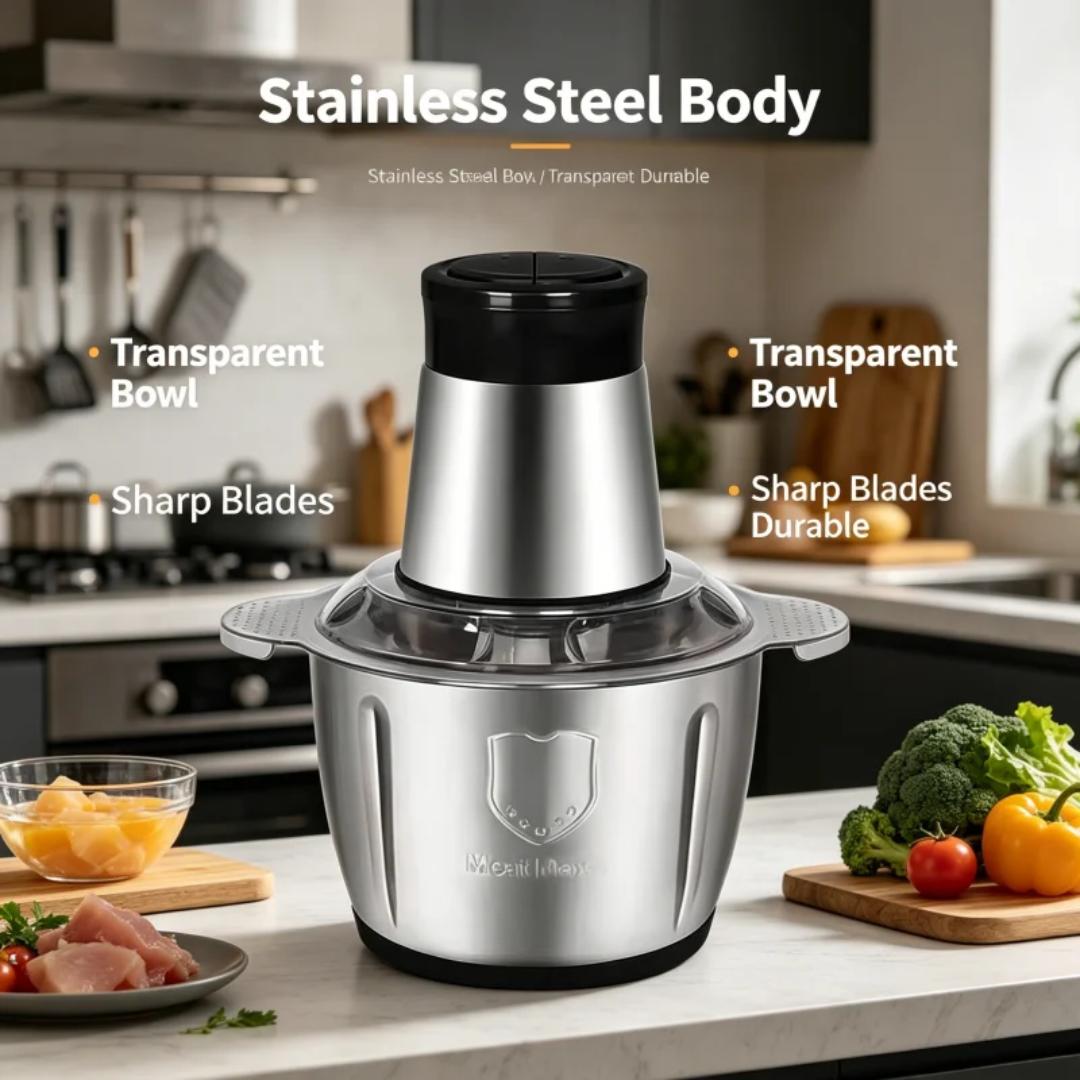 2L Stainless Steel Electric Food Chopper 1000W – Multifunctional Meat Grinder, Vegetable Cutter, Food Processor with 4 Sharp Stainless Steel Blades