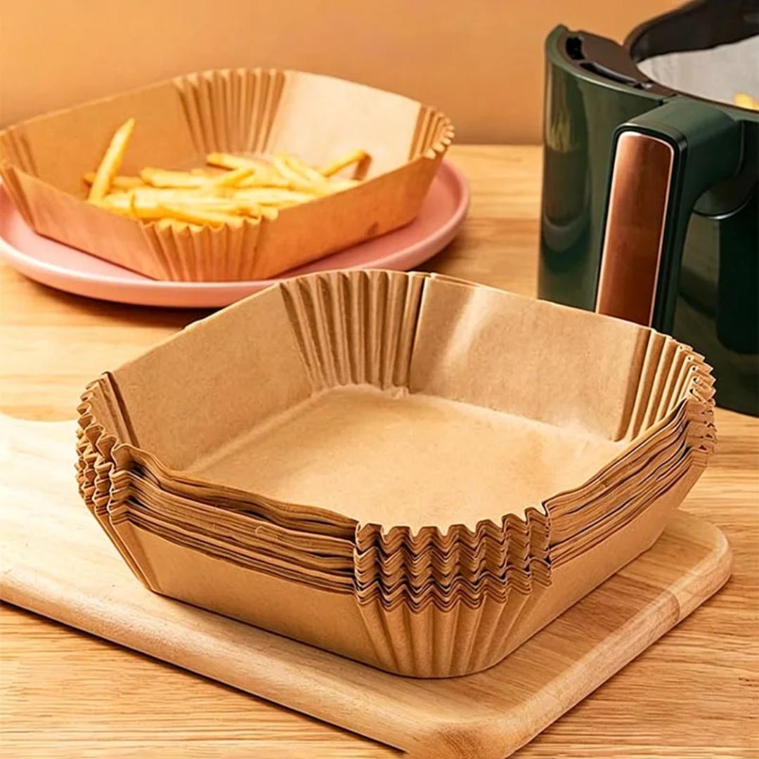 50Pcs Disposable Paper Air Fryer Liners, Non-Stick Parchment Baking Paper Liners for Air Fryer Basket, Oil-Resistant Food Grade Cooking Paper for Baking, Roasting and Frying
