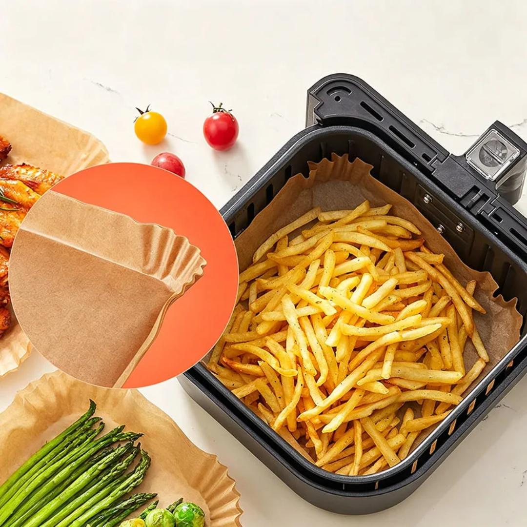 50Pcs Disposable Paper Air Fryer Liners, Non-Stick Parchment Baking Paper Liners for Air Fryer Basket, Oil-Resistant Food Grade Cooking Paper for Baking, Roasting and Frying
