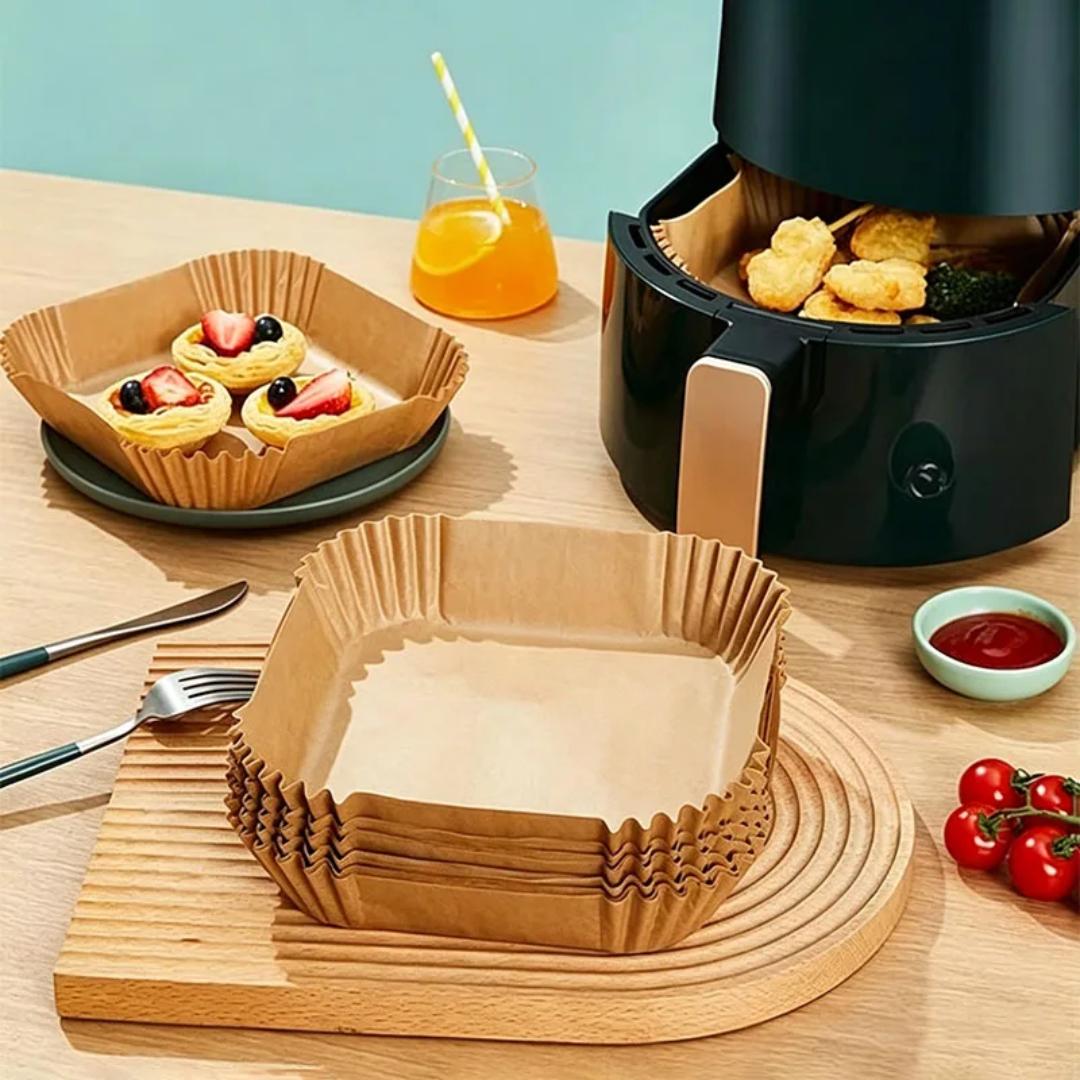 50Pcs Disposable Paper Air Fryer Liners, Non-Stick Parchment Baking Paper Liners for Air Fryer Basket, Oil-Resistant Food Grade Cooking Paper for Baking, Roasting and Frying