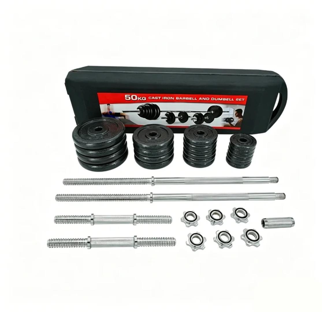 50KG Adjustable Cast Iron Dumbbell & Barbell Set with Interchangeable Weight Plates, Spinlock Collars, Connecting Bar, Steel Handles and Durable Plastic Carry Case for Home Gym Strength Training