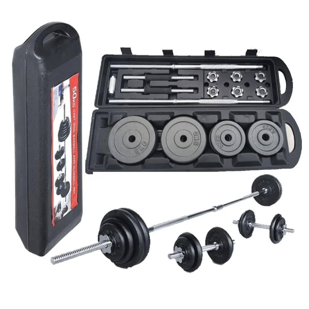 50KG Adjustable Cast Iron Dumbbell & Barbell Set with Interchangeable Weight Plates, Spinlock Collars, Connecting Bar, Steel Handles and Durable Plastic Carry Case for Home Gym Strength Training