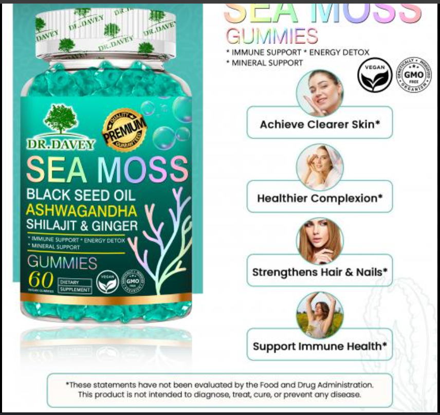 Sea Moss Gummies Sea moss - with black seed oil, ashwagandha, shilajit, and ginger support daily vitality, immune wellness, and overall holistic nutrition.