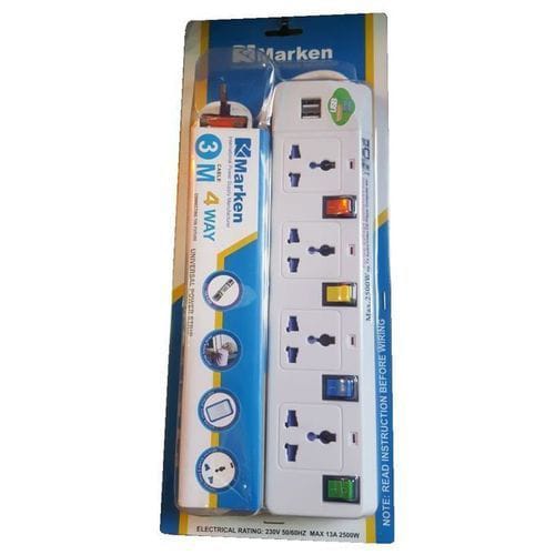 4 Socket Extension Lead with 2 USB Chargers and 3 Meter Cable Power Strip Multi Plug Electrical Extension for Home Office Appliances Electronics and Charging