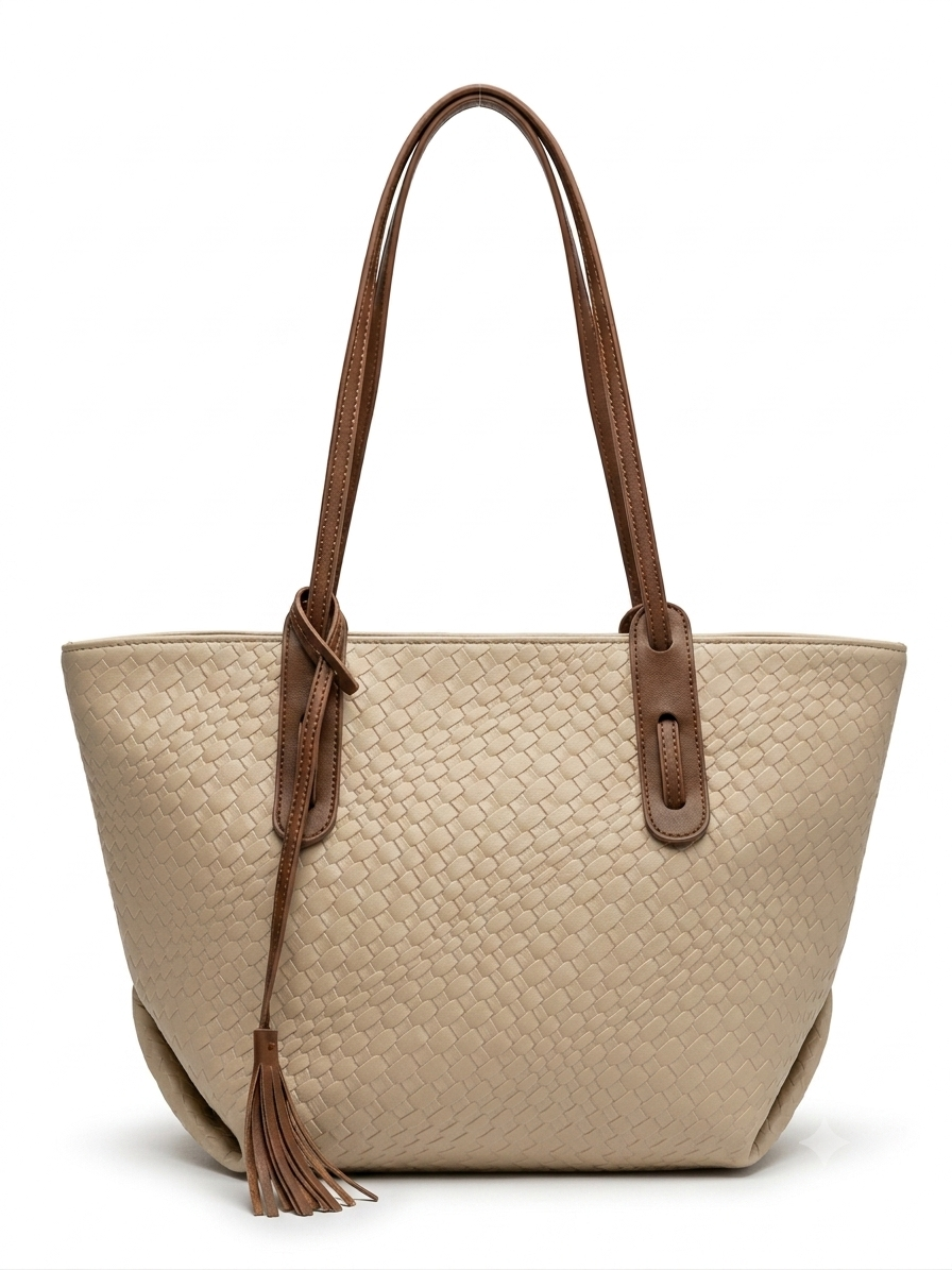 Women’s Woven Pattern Tote Bag – White / Off-White Shoulder Handbag with Brown Leather Straps