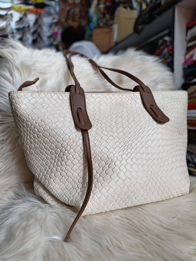 Women’s Woven Pattern Tote Bag – White / Off-White Shoulder Handbag with Brown Leather Straps