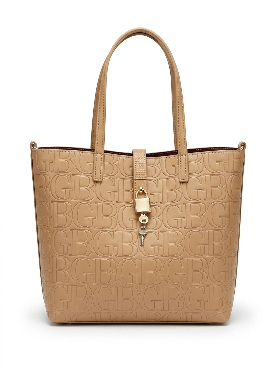 Women’s Monogram Embossed Leather Tote Bag – Tan Shoulder Handbag with Gold Padlock Detail