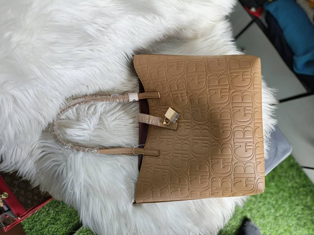 Women’s Monogram Embossed Leather Tote Bag – Tan Shoulder Handbag with Gold Padlock Detail