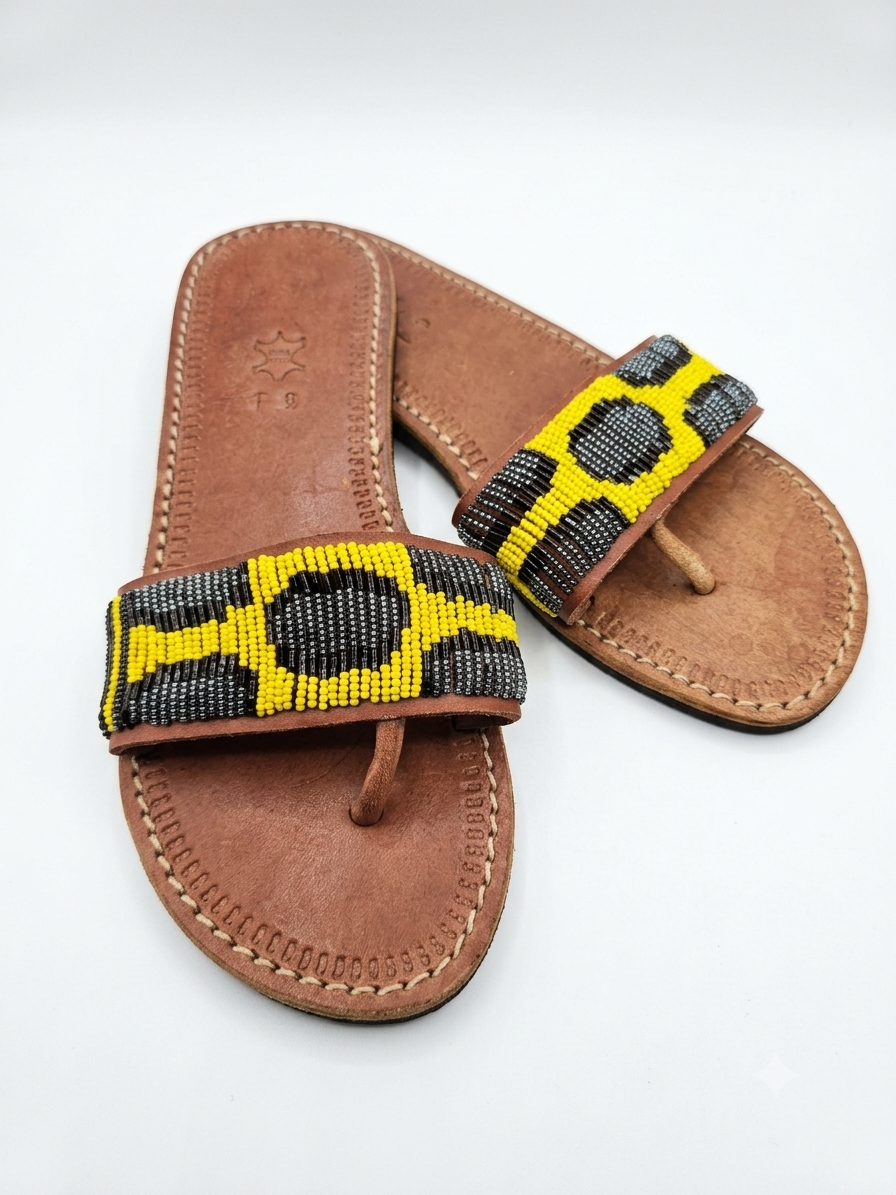 Handcrafted African Leather Sandals Kampala – Beaded Slippers Men’s Weekend Wear – Black/Yellow Pattern