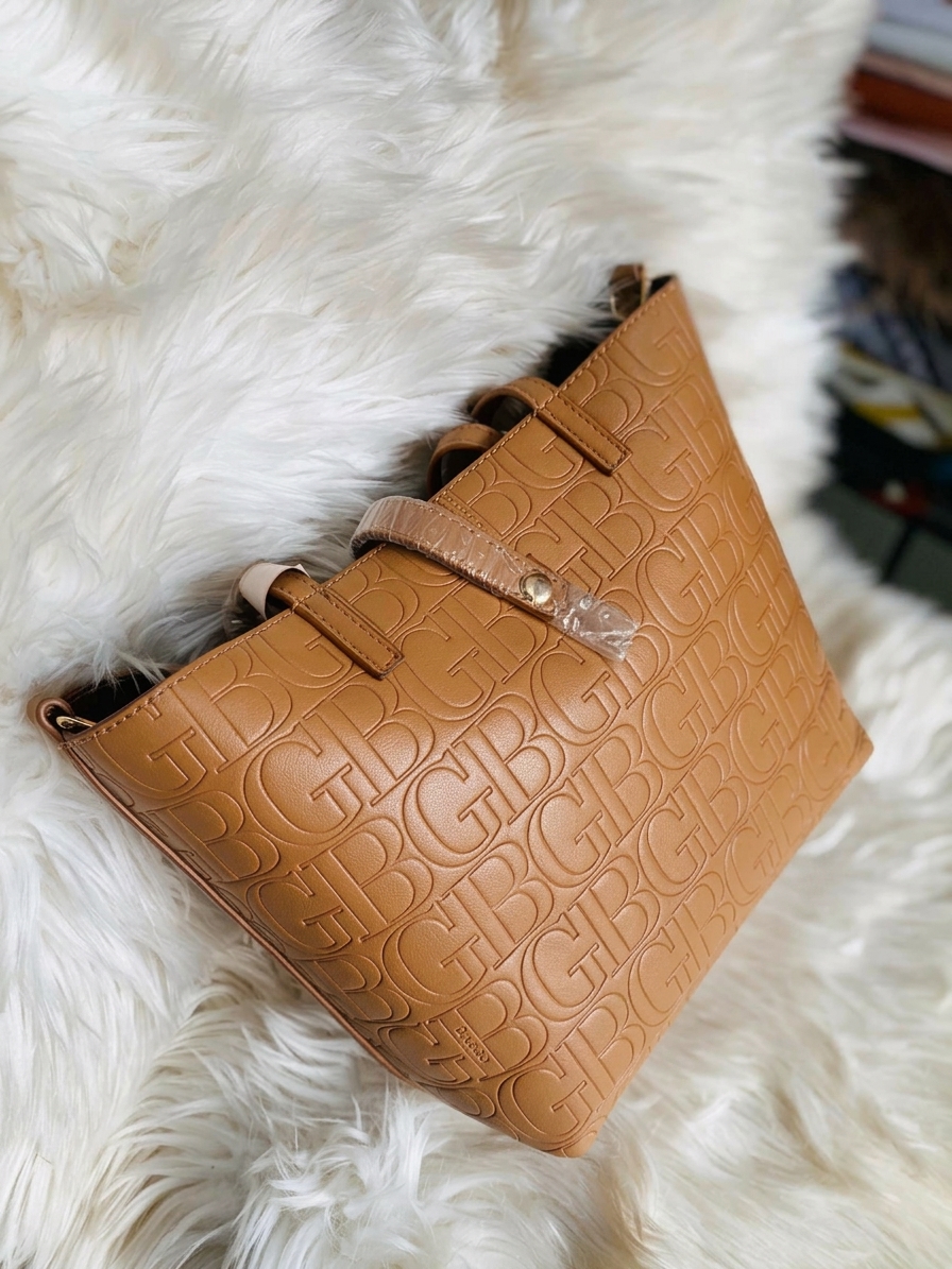 Women’s Monogram Embossed Leather Tote Bag – Tan Shoulder Handbag with Gold Padlock Detail