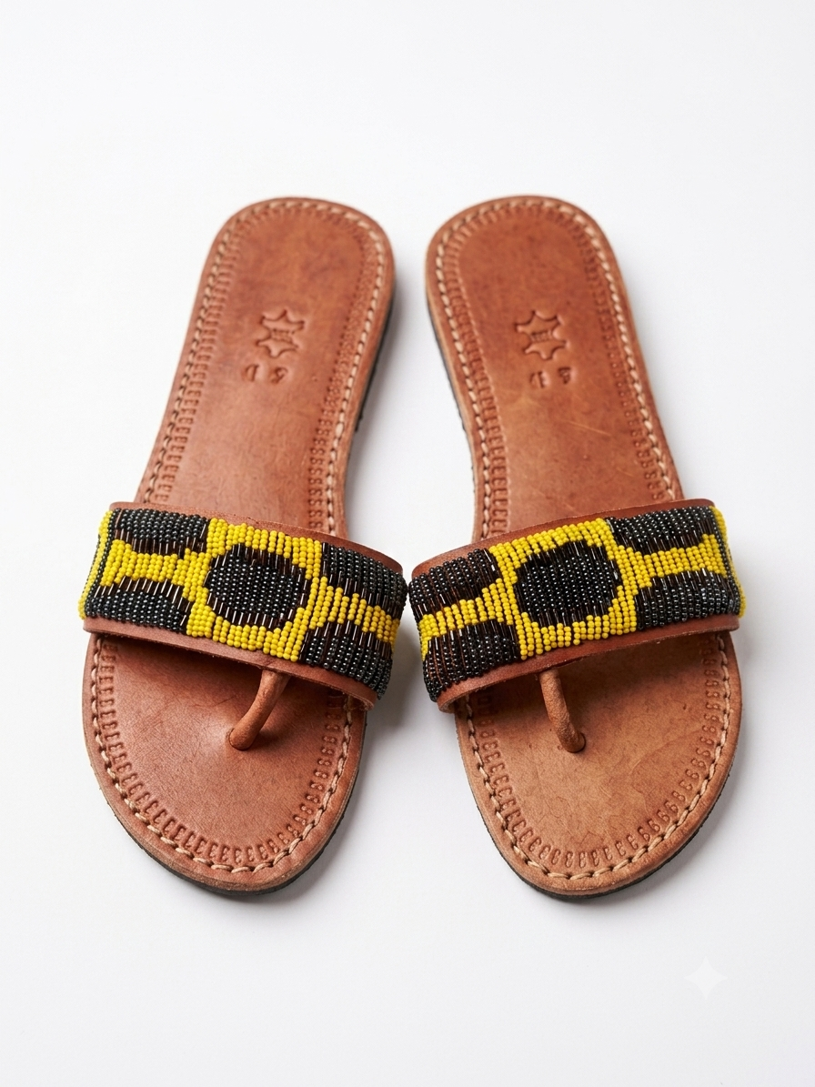 Handcrafted African Leather Sandals Kampala – Beaded Slippers Men’s Weekend Wear – Black/Yellow Pattern
