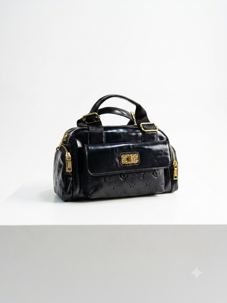 Elegant Black Monogram Top-Handle Shoulder Bag – Multi-Compartment Women's Travel & Everyday Handbag with Detachable Strap sling bag