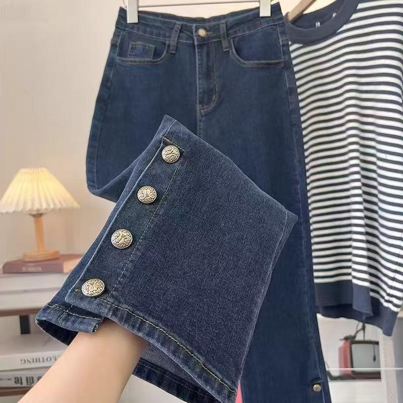 Women's High-Waist Vintage Flare Jeans | Side Slit & Metallic Button Detail Wide Leg Denim Pants - Classic Blue