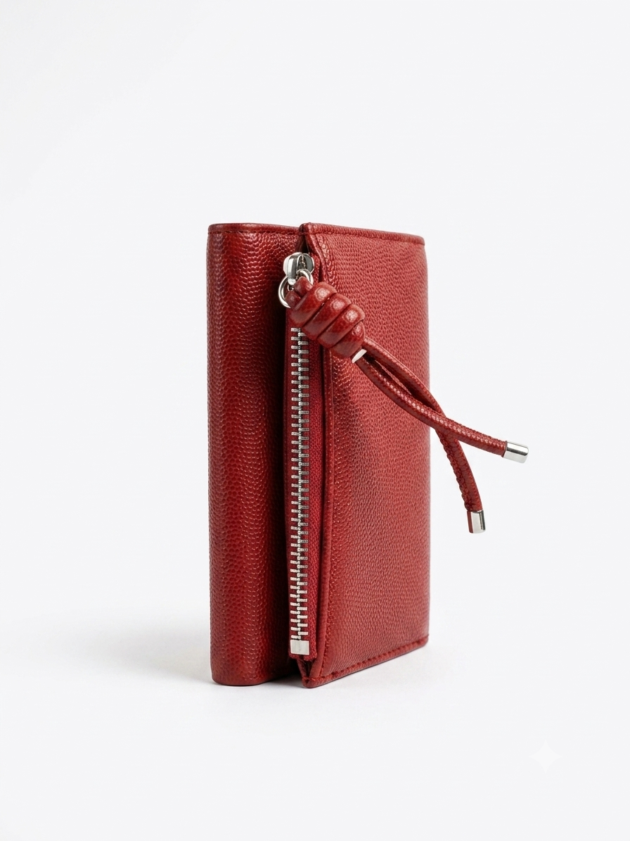 Women's Compact Red Pebbled Leather Wallet – Multi-Card Holder, Zippered Coin Pouch & ID Window
