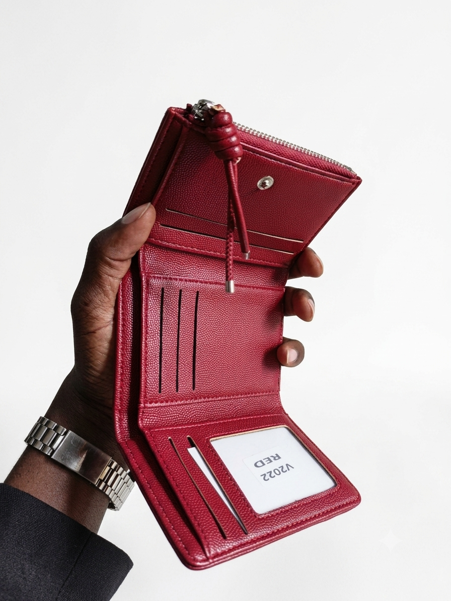 Women's Compact Red Pebbled Leather Wallet – Multi-Card Holder, Zippered Coin Pouch & ID Window