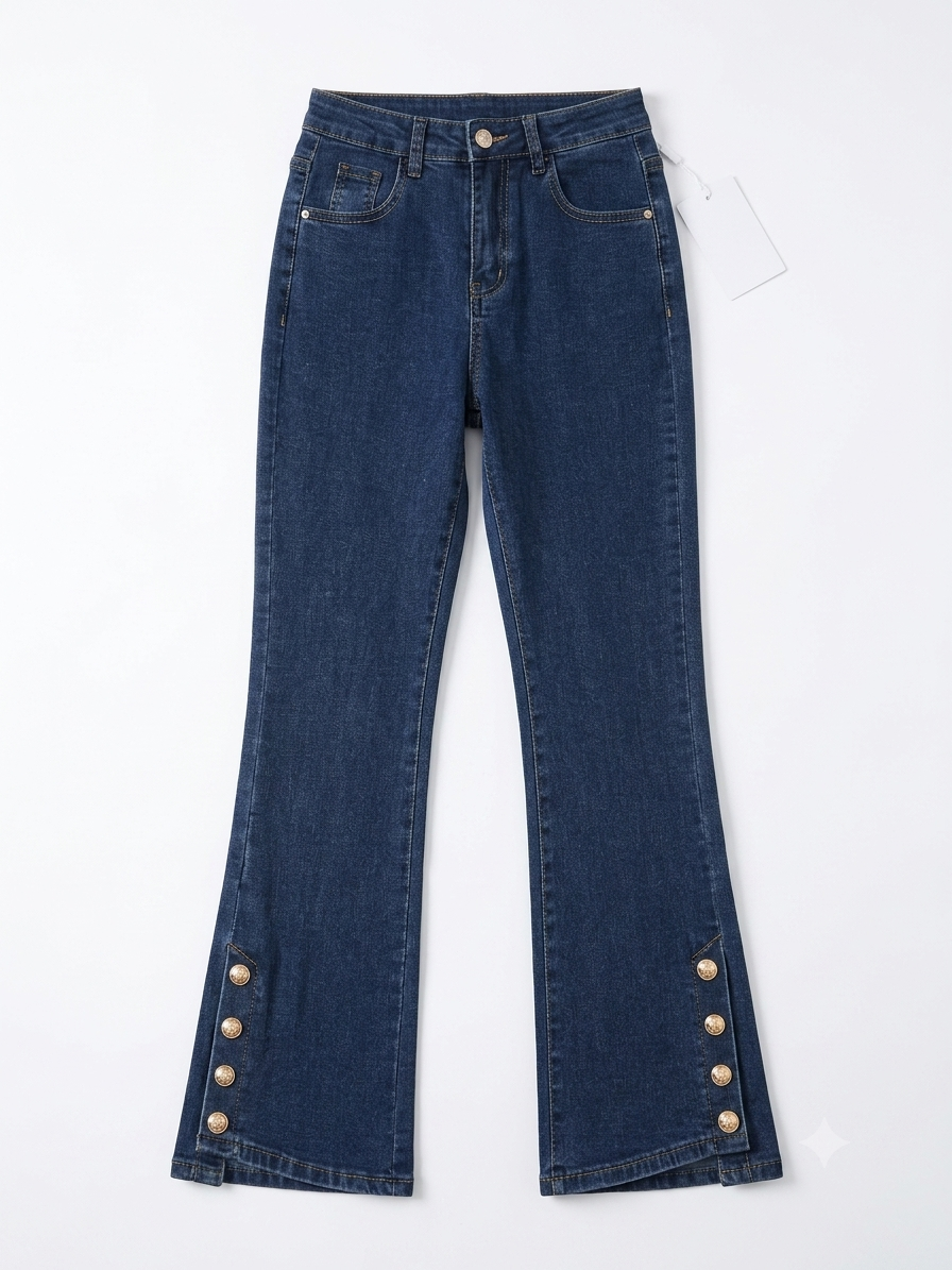 Women's High-Waist Vintage Flare Jeans | Side Slit & Metallic Button Detail Wide Leg Denim Pants - Classic Blue
