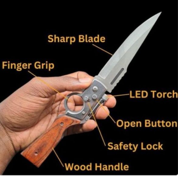 Heavy duty multipurpose camping folding outdoor pocket stainless steel blade with wooden handle and safety lock with a canvas sheath and a belt holster pocket knife baton knife