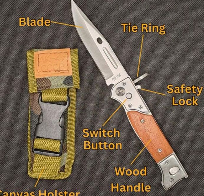 Heavy duty multipurpose camping folding outdoor pocket stainless steel blade with wooden handle and safety lock with a canvas sheath and a belt holster pocket knife baton knife