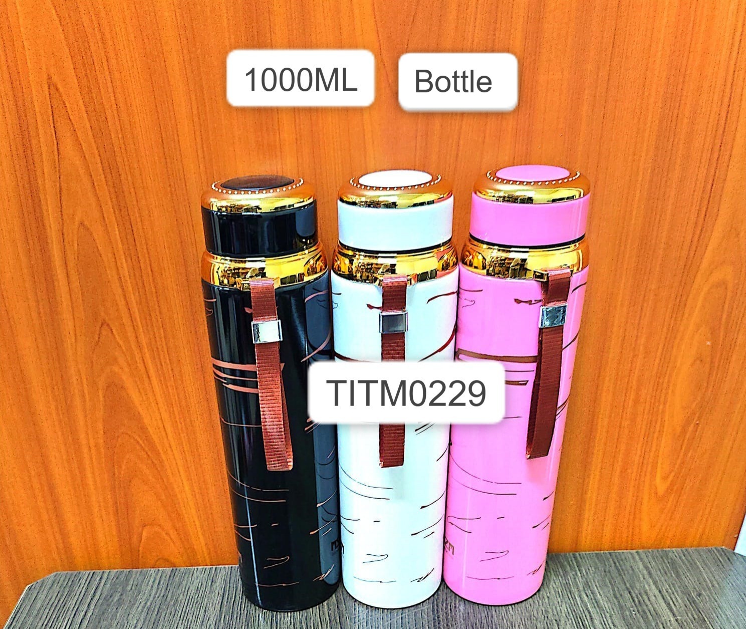 1000ML Stainless SteelThermos Bottle – Leakproof Hot Water Flask with Carrying Strap & Gold Ring Lid keeps hot for 48 hours
