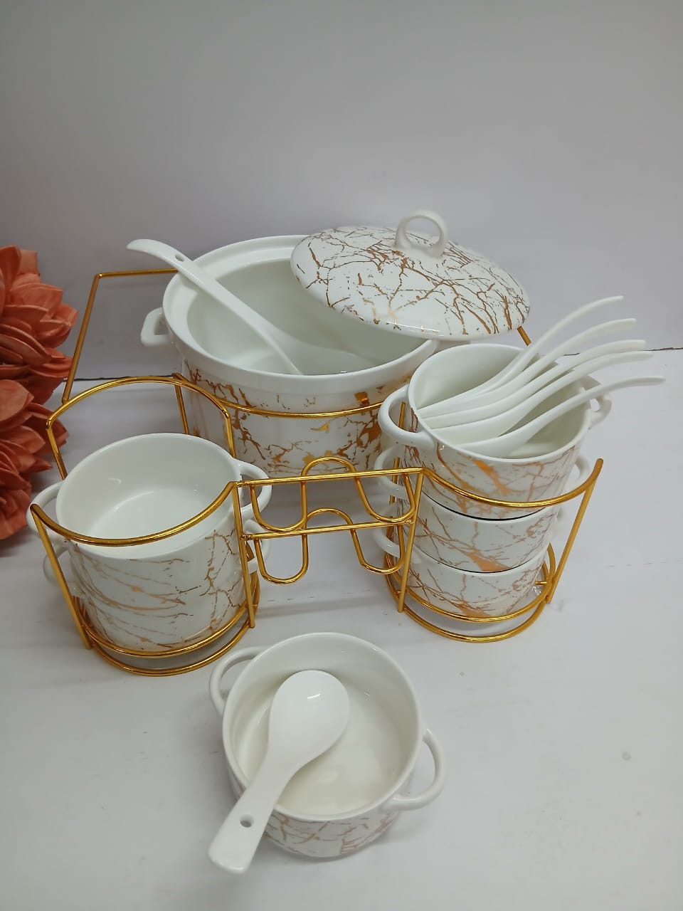 Luxury 15-Piece White & Gold Marble Ceramic Soup & Serving Bowl Set with Gold Rack