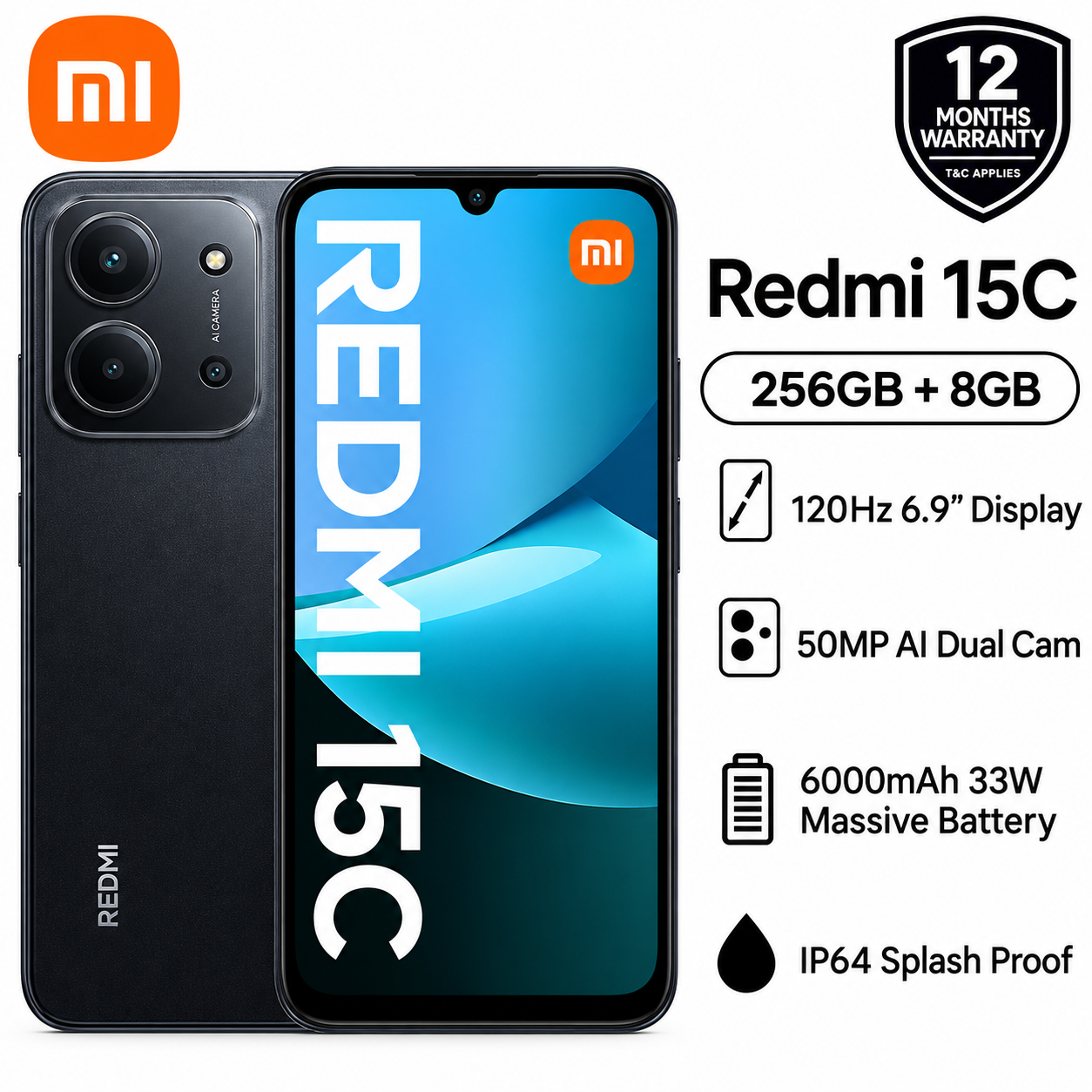 XIAOMI Redmi 15c - 6.88" - 16GB RAM - 256GB(8+8 Extended)| 6000mAh Big Battery 33W Fast Charge | 6.9 Inch 120Hz Display 50MP AI Camera | Android 15 4G Dual SIM Smart Phones