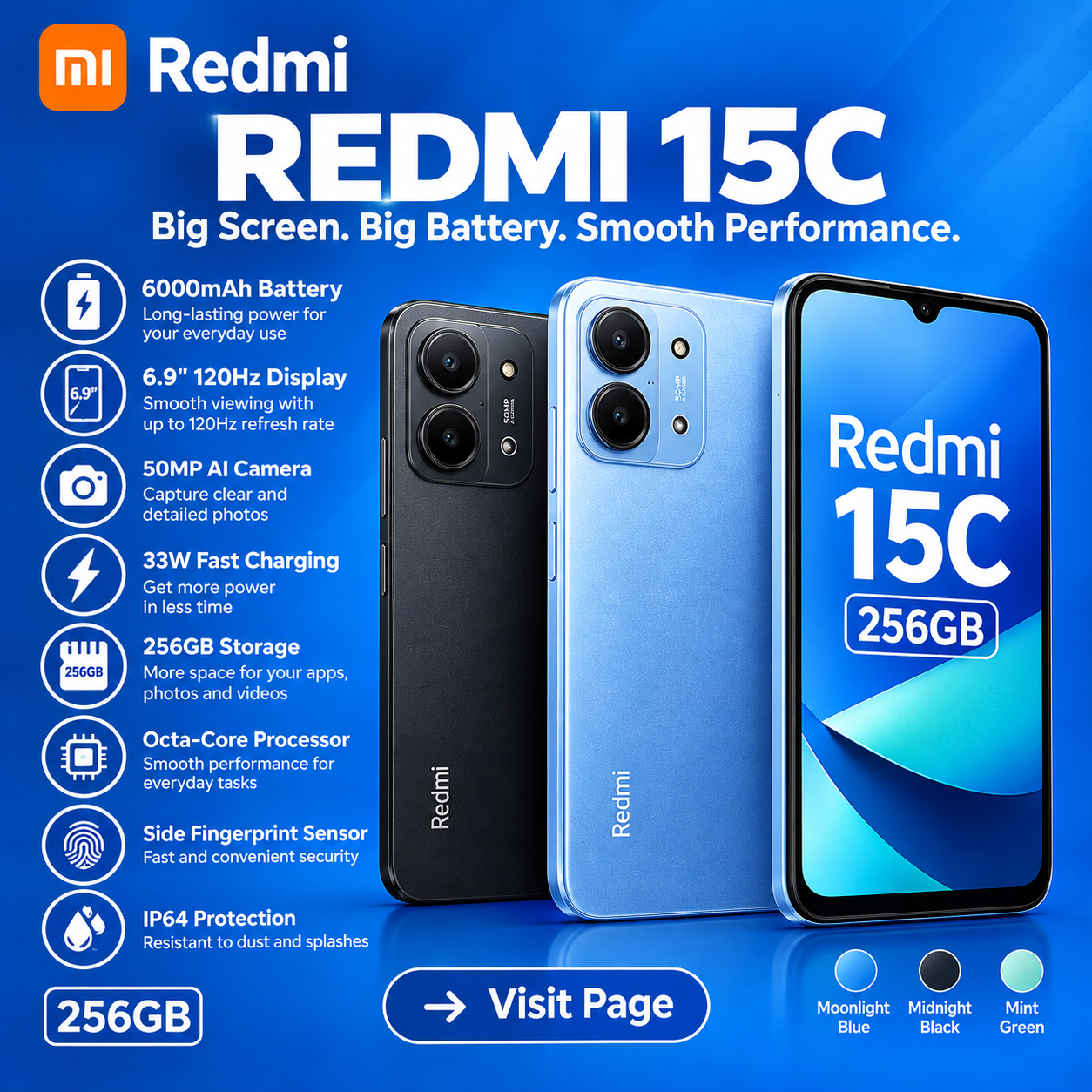 XIAOMI Redmi 15c - 6.88" - 16GB RAM - 256GB(8+8 Extended)| 6000mAh Big Battery 33W Fast Charge | 6.9 Inch 120Hz Display 50MP AI Camera | Android 15 4G Dual SIM Smart Phones