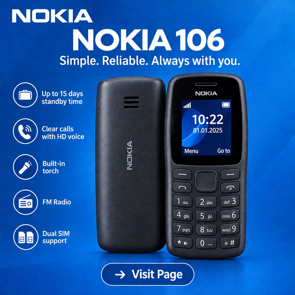 Nokia 106 4G Dual SIM Button Feature Phone Long-Lasting Battery Durable 4G MP3 Player, FM Radio LED Flashlight Affordable Basic Phone 106 Nokia106 upgrade from Nokia105 Kaduda Kabambe Katululu Phone