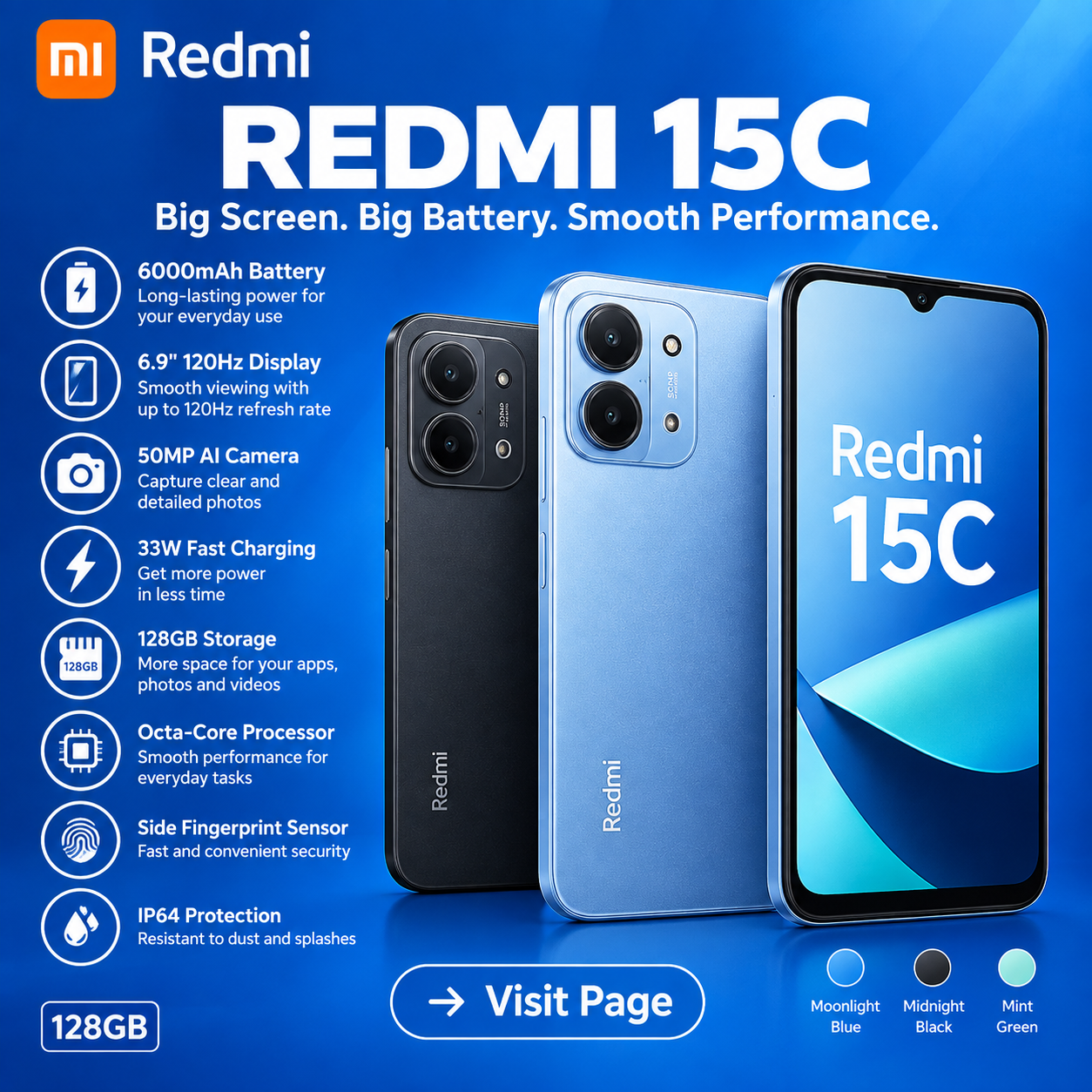 Brand New Redmi 15C 128GB + 8(4+4)GB 6.9'' 120Hz Immersive Display 6000mAh 33W 50MP Main +8MP Front Cam Fast Charger Xiaomi Hyper OS Side Fingerprint Smartphone smart phones.
