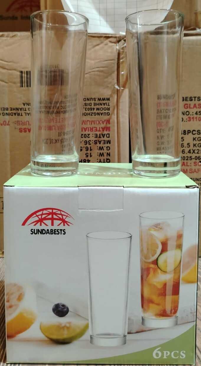 Sundabests Set of 6 Crystal Clear Glassware - Tall Highball Water & Juice Glasses (6-Piece Set)