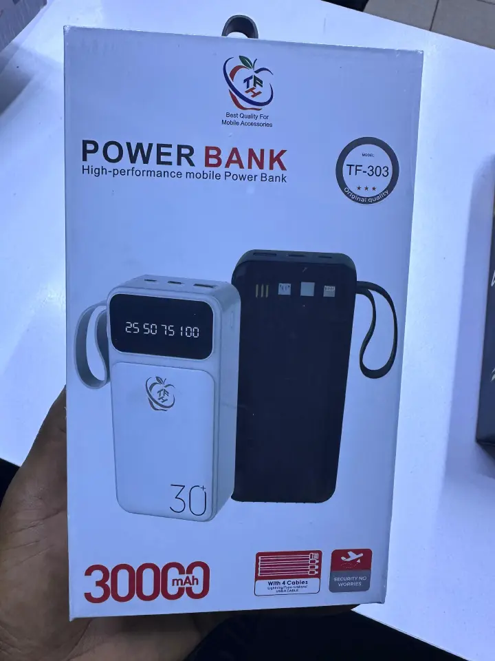 TFH TF-303 30000mAh Power Bank – High Capacity Fast Charging Portable Charger with Built-in 4 Cables, LED Display, Dual USB Output & Type-C Input (White/Black)