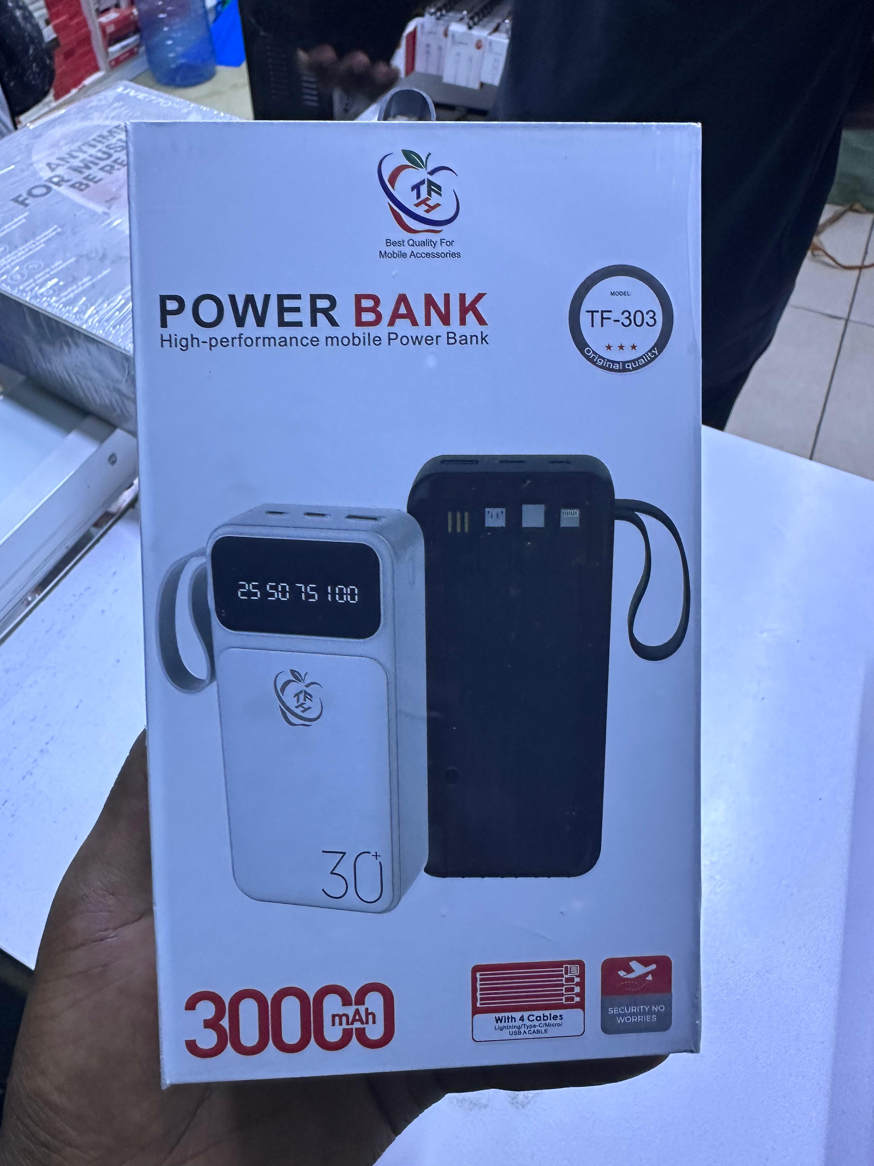 TFH TF-303 30000mAh Power Bank – High Capacity Fast Charging Portable Charger with Built-in 4 Cables, LED Display, Dual USB Output & Type-C Input (White/Black)
