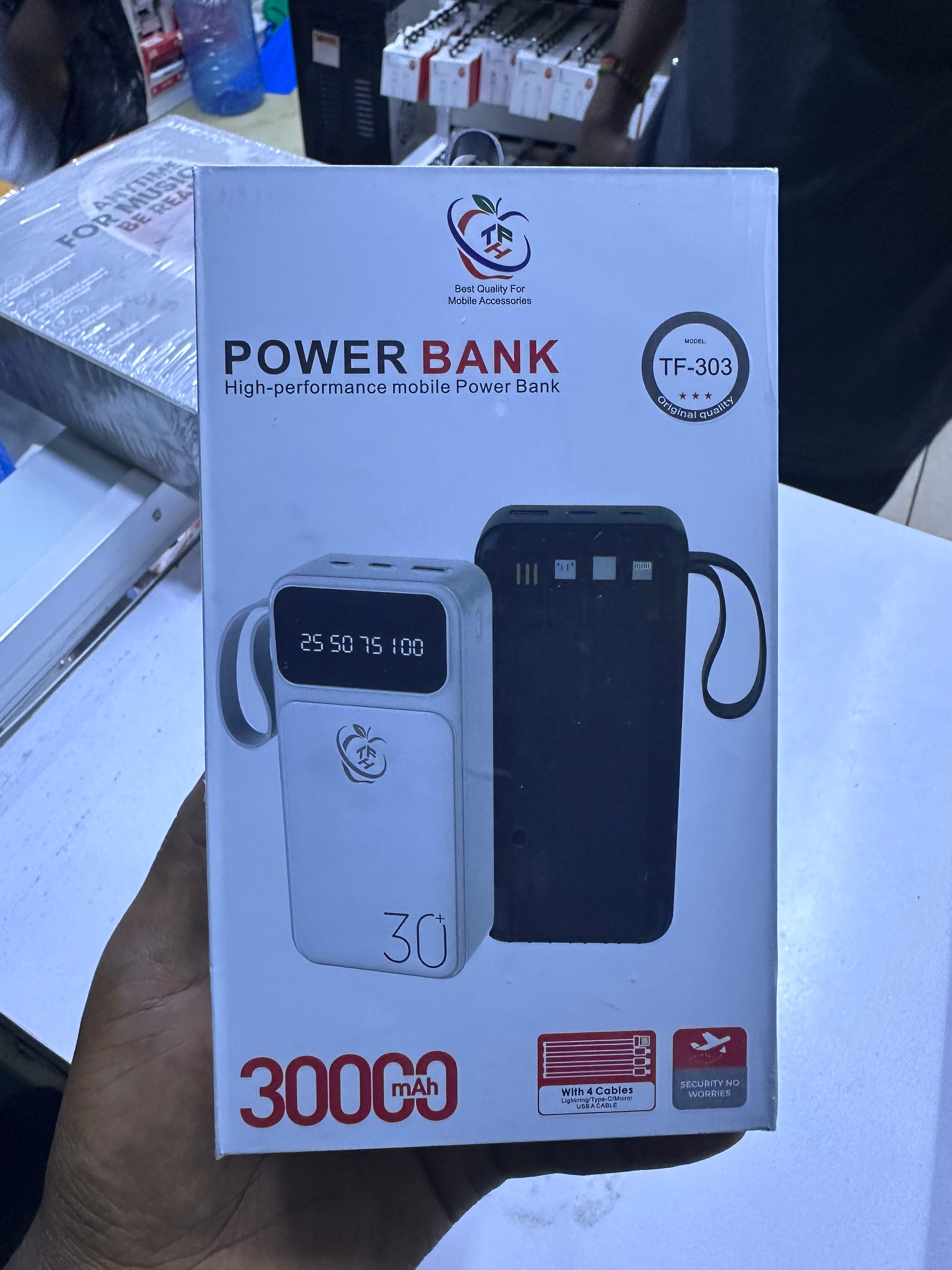TFH TF-303 30000mAh Power Bank – High Capacity Fast Charging Portable Charger with Built-in 4 Cables, LED Display, Dual USB Output & Type-C Input (White/Black)