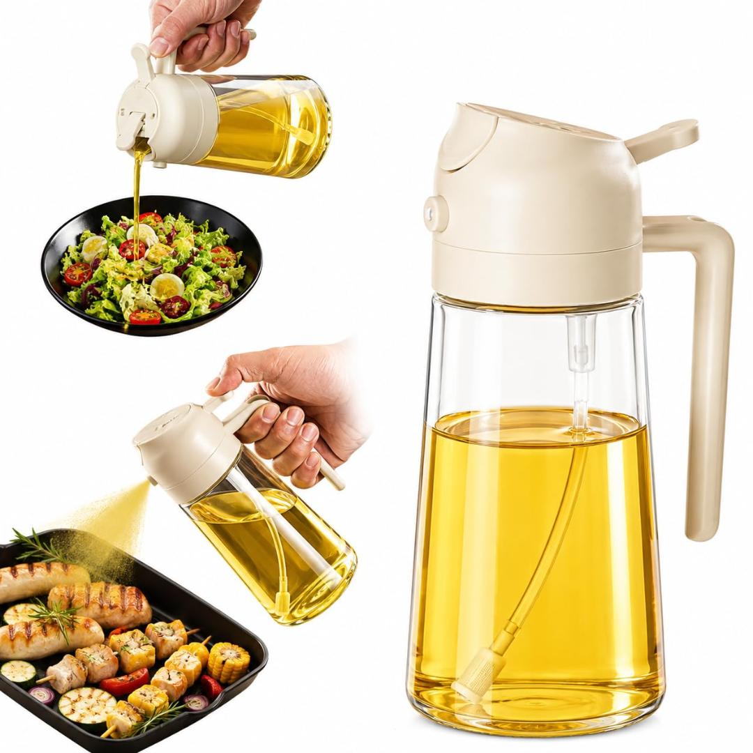 2 in 1 Glass Cooking Oil Dispenser Bottle and Oil Sprayer Dual Function Vinegar Cruet Sauce Pourer
