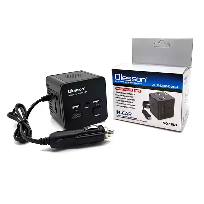 Olesson Car Power Inverter 150W Socket 2 Type-C+2USB Car Charger W/LED Display Converter Adapter Modified Sine Wave