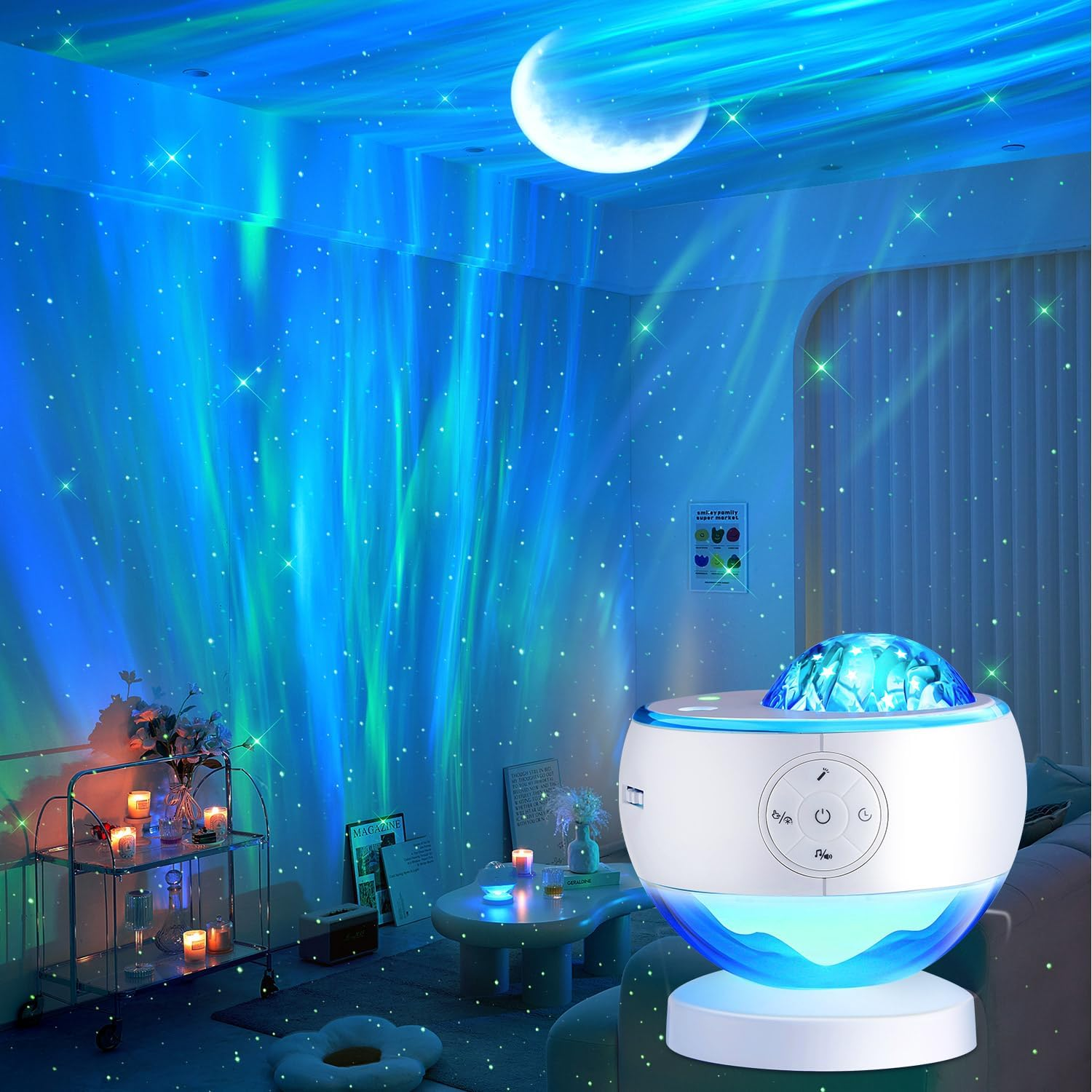 Aurora 7-in-1 Galaxy Star Projector Night Light with 15 Nature Sounds, 7 Moon Phases & Auto-Shutoff - LED Galaxy Lamp for Room Decor